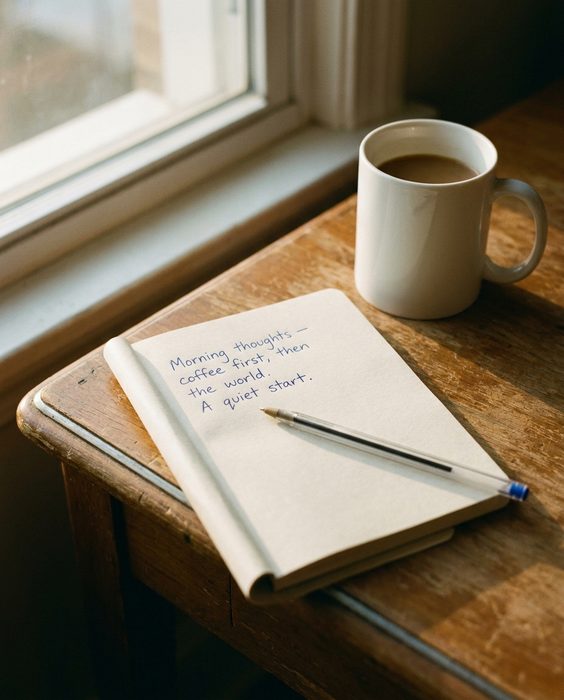 45 Days of Evidence -- a notebook, coffee and a pen on a wooden desk