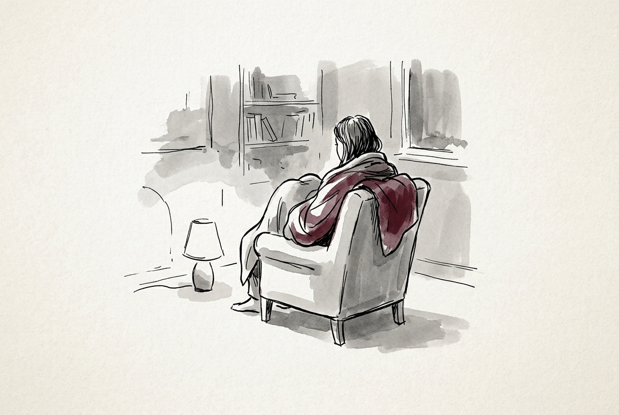 A woman seen from behind, wrapped in a thick blanket, sitting in an armchair in a dim living room at night, one small lamp glowing low on the floor beside her chair; the maroon touch is on the blanket.