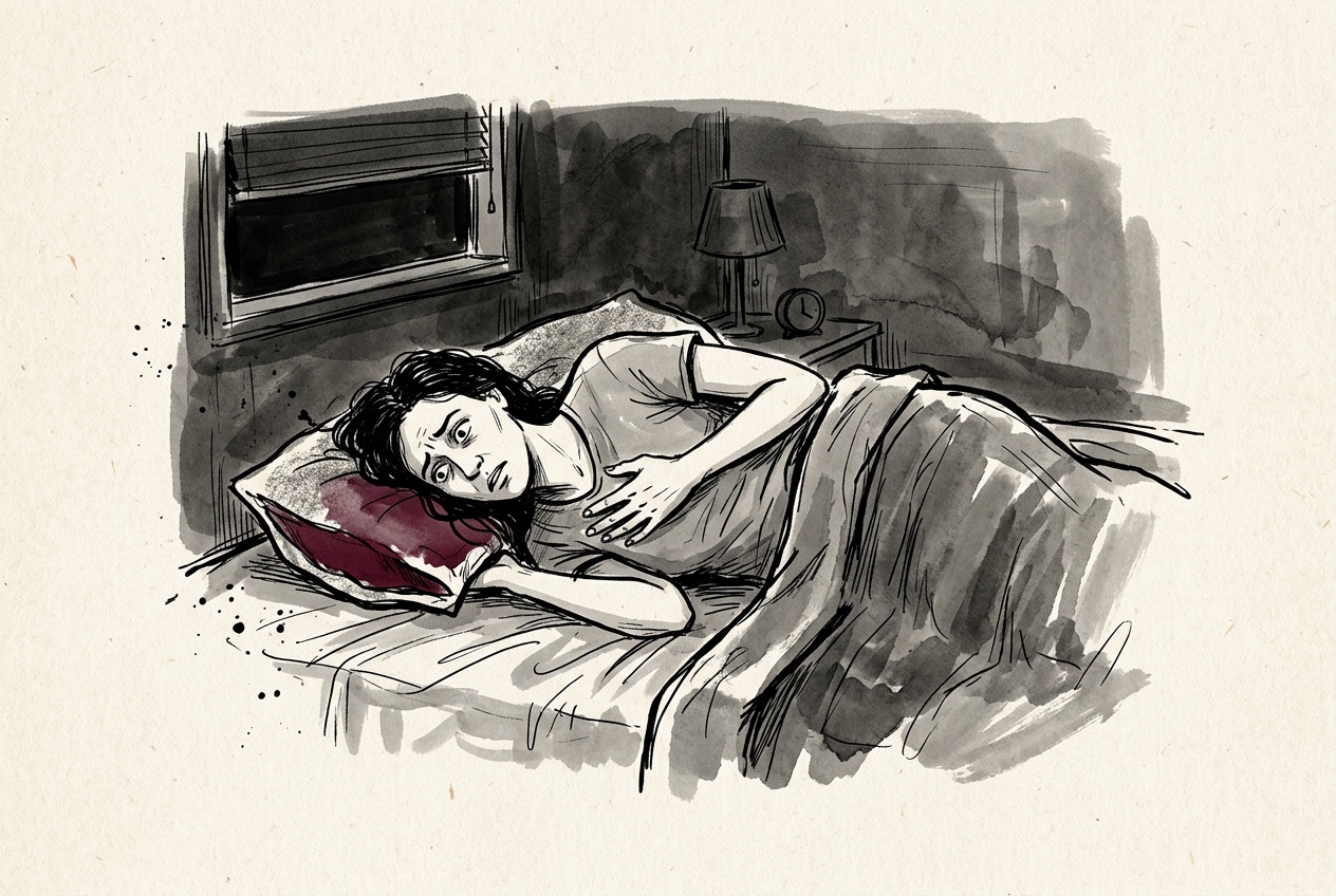 A woman lying on her side in bed in a dark room, wide awake with her eyes open and brows drawn together, one hand pressed flat over her heart and the duvet pushed down to her waist; the maroon touch is on the pillowcase.