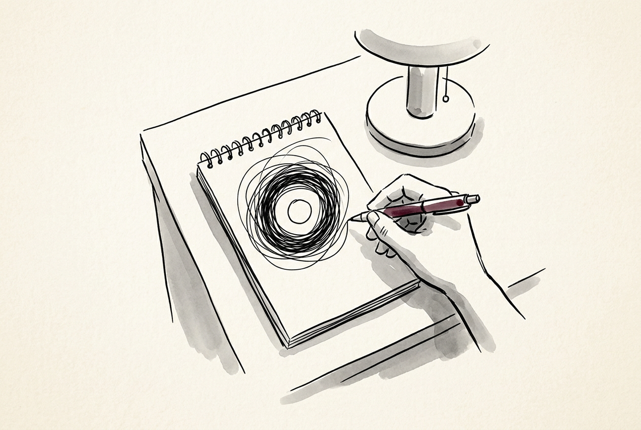 Seen from above, a hand holding a pen over a spiral notepad on a bare bedside table beside a lamp base at night, the page filled by one ink line looping round and round the same small circle until that circle is dark and heavy; the maroon touch is on the pen.