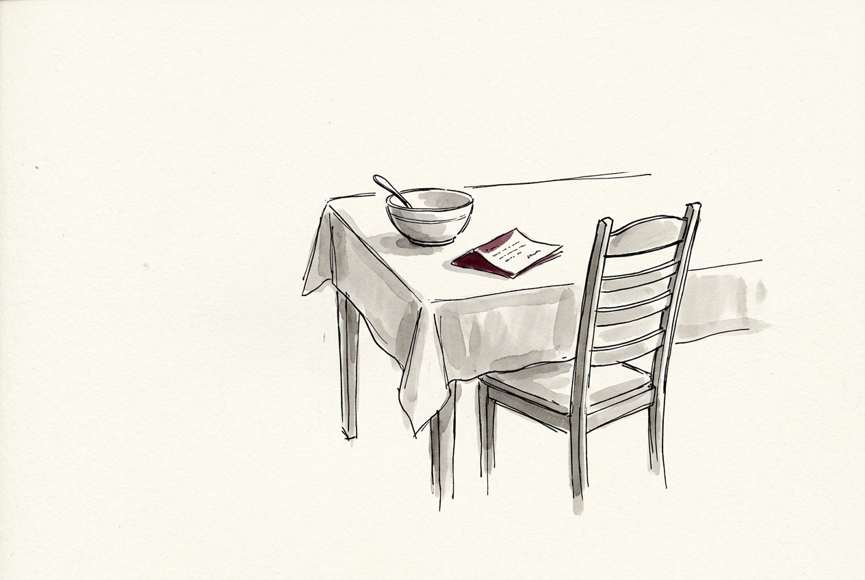 A kitchen table in plain morning daylight with a small folded note waiting beside a bowl and a spoon, a chair pulled out ready for someone to sit down; the maroon touch is on the folded note.