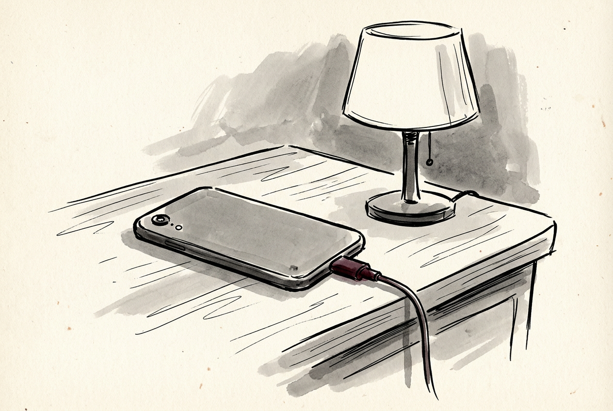 Close on the plain back of a phone, its small camera lens in one corner, lying screen-down on a wooden nightstand at night with its charging cable trailing over the edge, a bedside lamp switched off beside it; the maroon touch is on the charging cable.