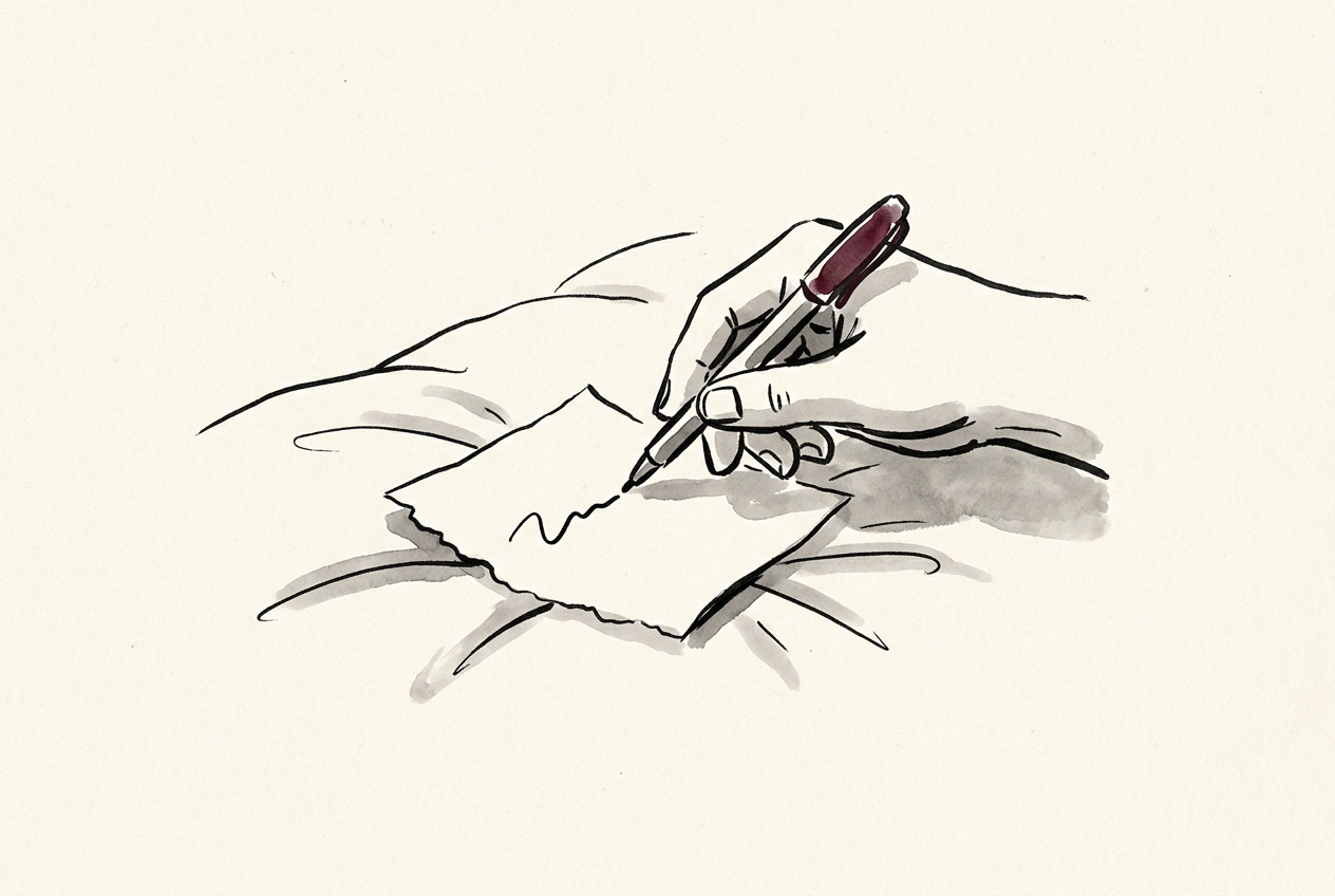A hand in the dark laying a pen down on a small torn scrap of paper resting on a rumpled duvet, one short wavy ink line across the scrap; the maroon touch is on the pen.
