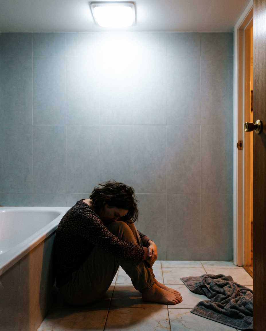 A woman sitting on a dark bathroom floor with her back against the side of the tub, late at night