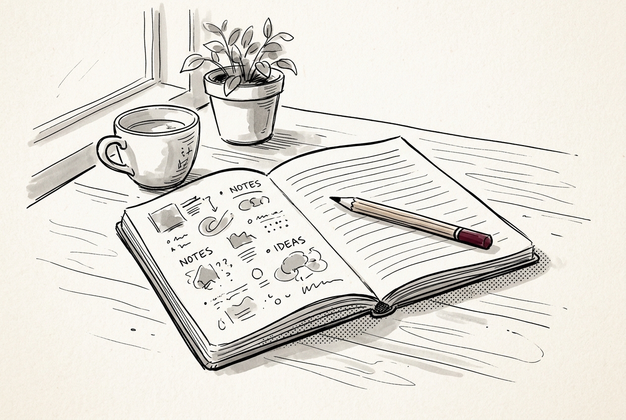 An open notebook on a wooden desk by a window, a pencil resting across the blank page, a cup of coffee and a small plant in daylight; the maroon touch is on the pencil.