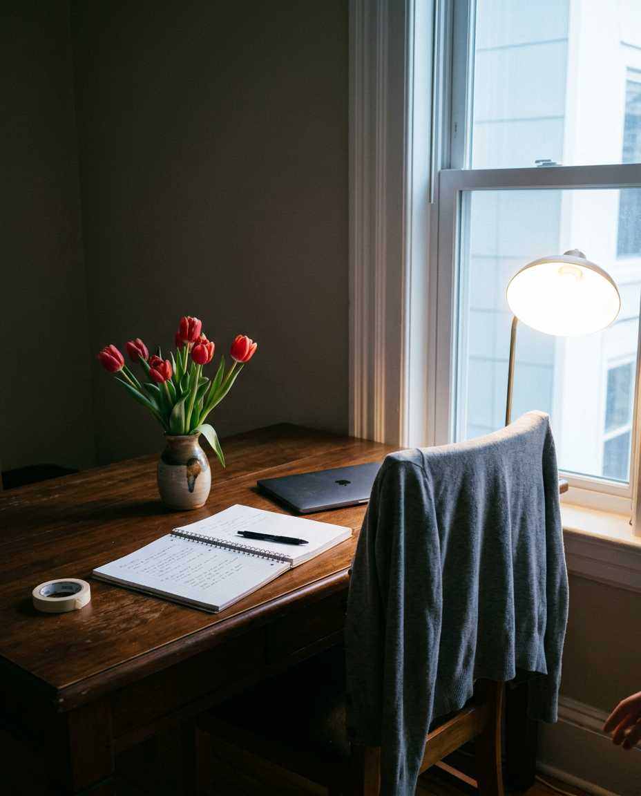 A wooden desk by a tall window in morning light, with a small vase of red tulips beside an open notebook and a pen. A cardigan hangs over the back of the chair.