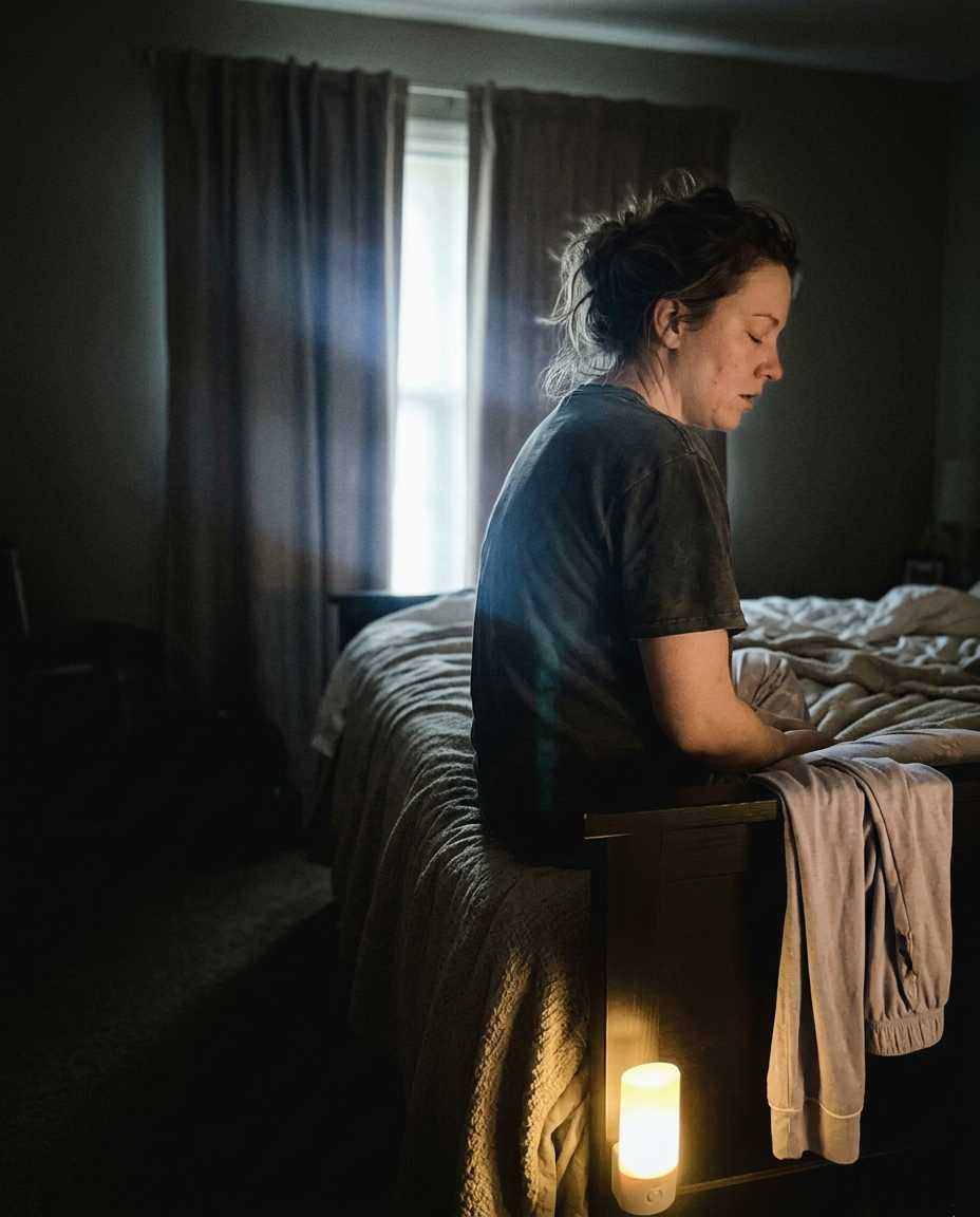 A woman sitting on the edge of a bed in a dark room, eyes closed, breathing out