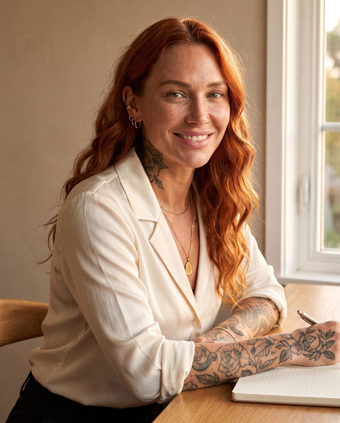 Ruby Wilder at her desk by a window, in an ivory silk blouse, smiling