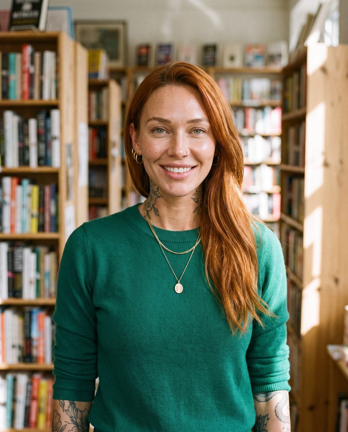 Ruby Wilder smiling in a bookstore, in an emerald green sweater
