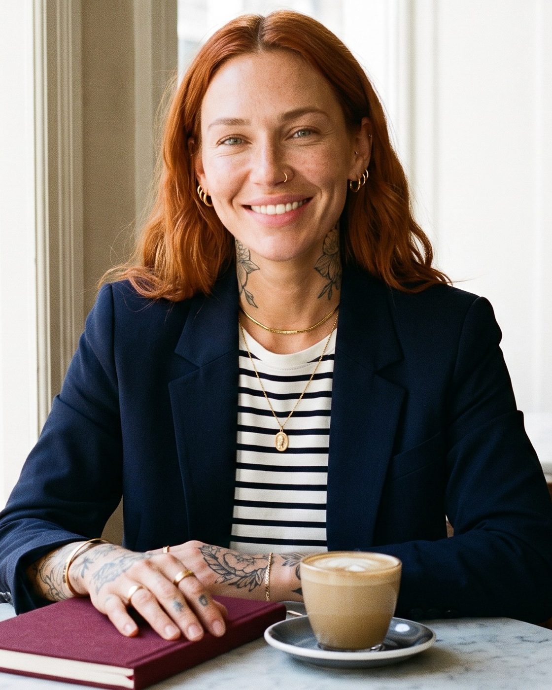 Ruby Wilder smiling at a cafe table in a navy blazer, a wine-red journal and a coffee in front of her