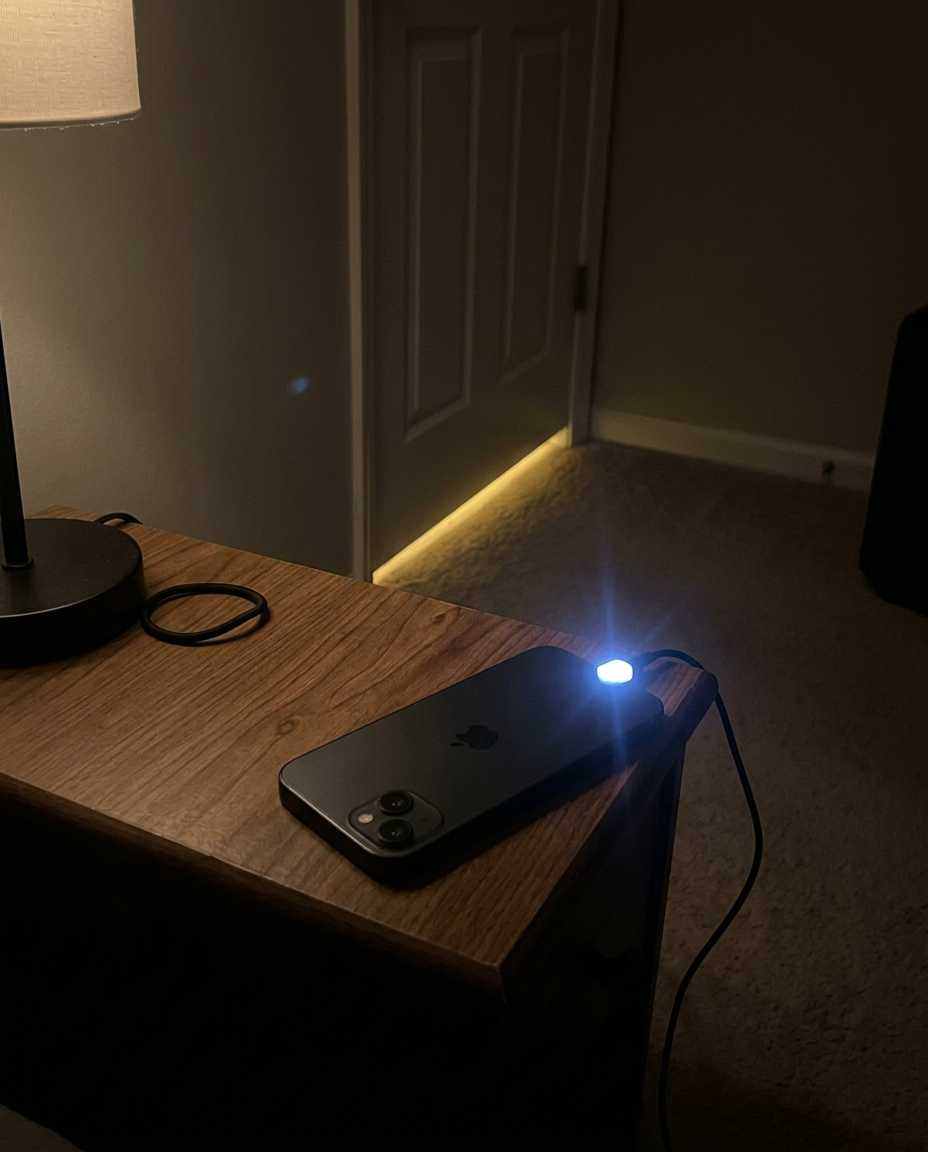 A phone lying face down on a nightstand in a dark room, the only light coming from under a door