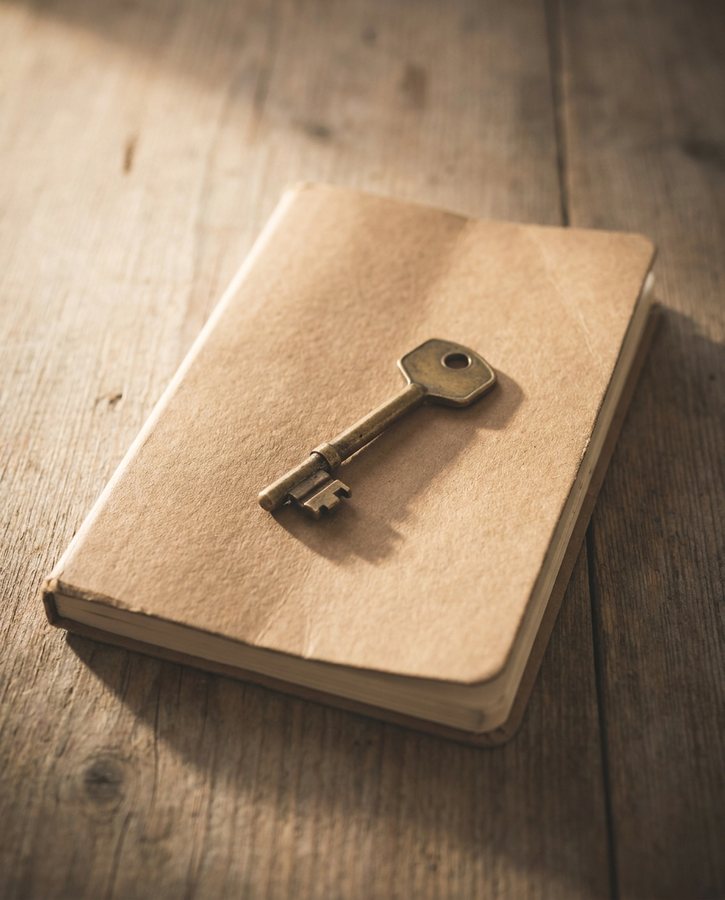 The Inside Flags -- a closed notebook and a house key on a wooden table